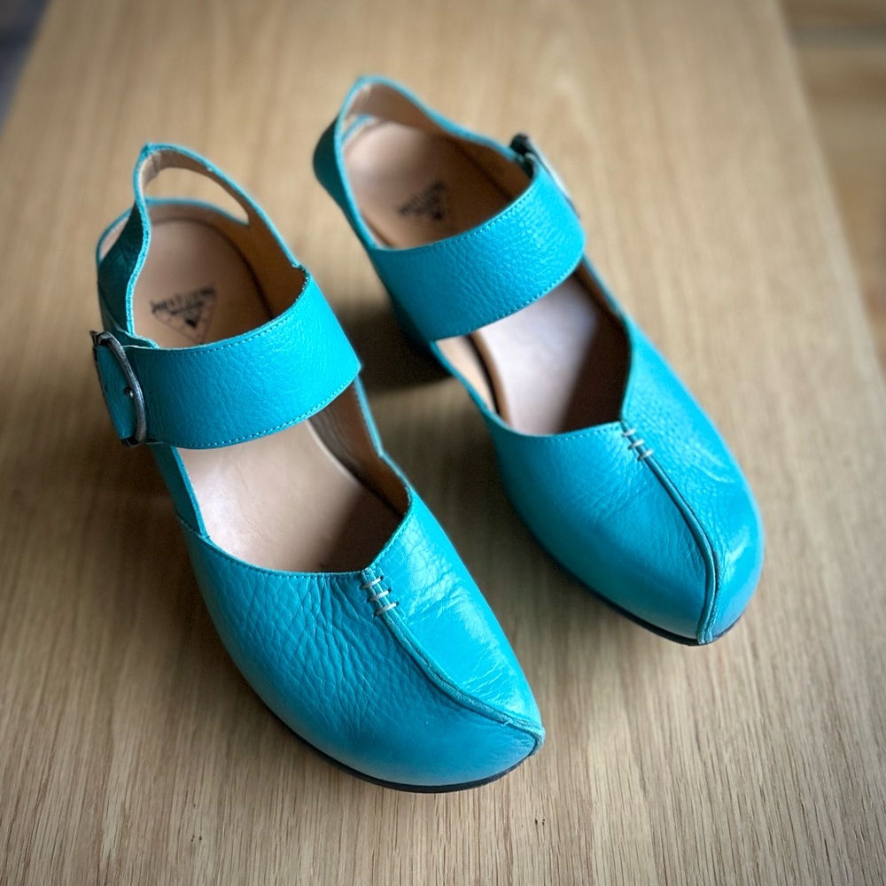 John Fluevog Blue Leather Mules